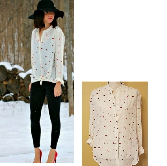 SHIRT BUTTONS DOWN VALENTINES DAY PRINT LIPS AND POLKA DOTS SZ L - Picture 1 of 8